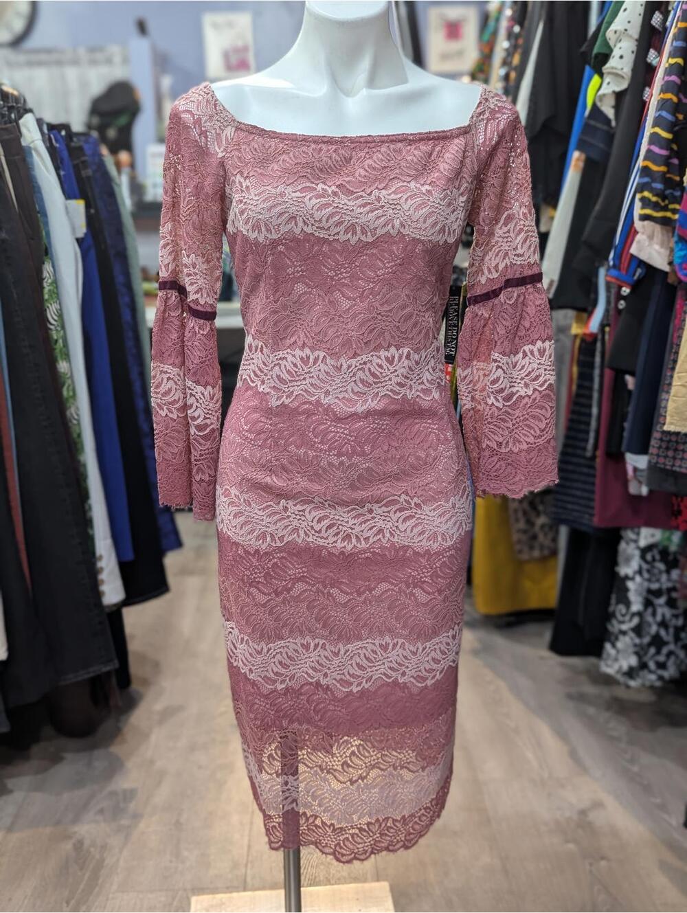 Dusty Rose Floral Lace Bell Sleeve Midi Pencil Dress